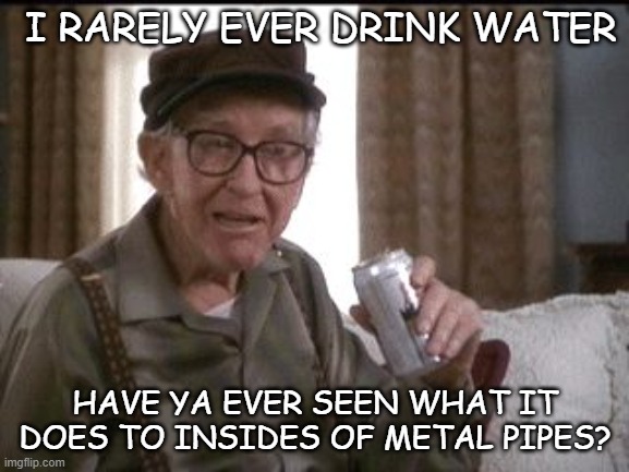 Beer buy | I RARELY EVER DRINK WATER; HAVE YA EVER SEEN WHAT IT DOES TO INSIDES OF METAL PIPES? | image tagged in beer buy | made w/ Imgflip meme maker