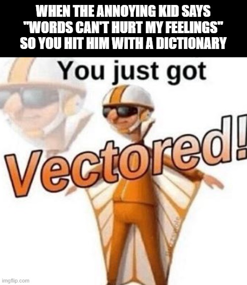 You just got vectored | WHEN THE ANNOYING KID SAYS "WORDS CAN'T HURT MY FEELINGS" SO YOU HIT HIM WITH A DICTIONARY | image tagged in you just got vectored,annoying,memes,dictionary | made w/ Imgflip meme maker