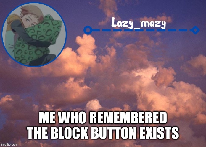 Lazy mazy | ME WHO REMEMBERED THE BLOCK BUTTON EXISTS | image tagged in lazy mazy | made w/ Imgflip meme maker