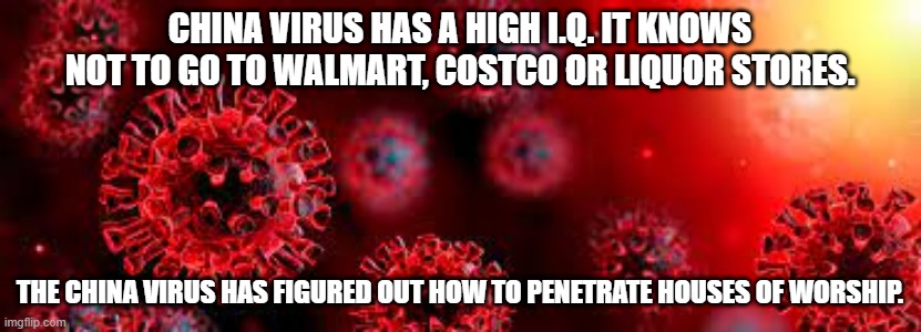 CHINA VIRUS HAS A HIGH I.Q. IT KNOWS NOT TO GO TO WALMART, COSTCO OR LIQUOR STORES. THE CHINA VIRUS HAS FIGURED OUT HOW TO PENETRATE HOUSES OF WORSHIP. | made w/ Imgflip meme maker