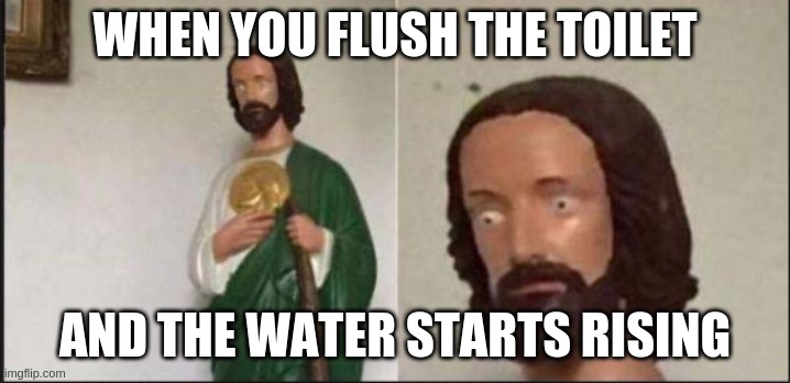 my second wide eyed jesus meme. | WHEN YOU FLUSH THE TOILET; AND THE WATER STARTS RISING | image tagged in wide eyed jesus | made w/ Imgflip meme maker