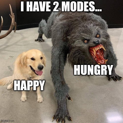 I have 2 modes.... | I HAVE 2 MODES... HUNGRY; HAPPY | image tagged in funny memes | made w/ Imgflip meme maker
