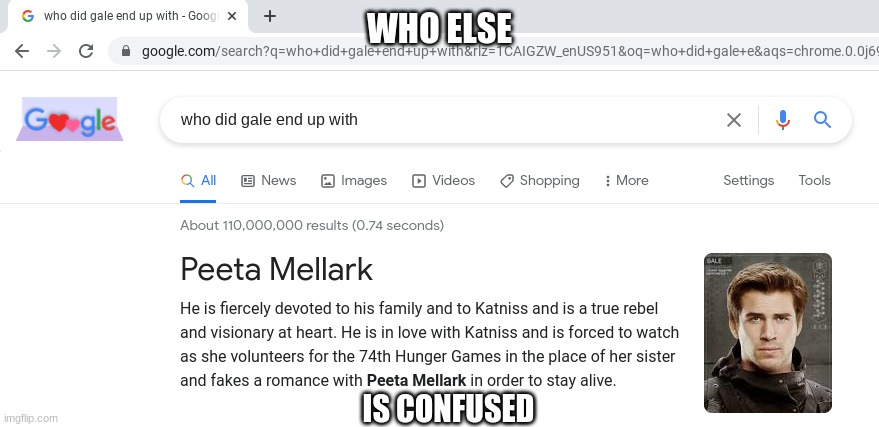 This is a real google search no faking, google it urself | WHO ELSE; IS CONFUSED | image tagged in confusion,hunger games | made w/ Imgflip meme maker