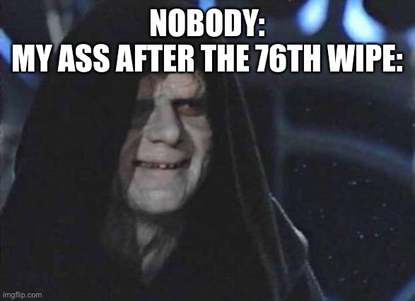 Emperor Palpatine  | NOBODY:
MY ASS AFTER THE 76TH WIPE: | image tagged in emperor palpatine | made w/ Imgflip meme maker
