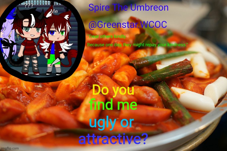 (Or neither lmao) | Do you; find me; ugly or; attractive? | image tagged in spire's tteokbokki announcment temp | made w/ Imgflip meme maker