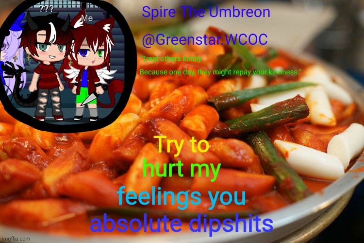 Spire's tteokbokki announcment temp | Try to; hurt my; feelings you; absolute dipshits | image tagged in spire's tteokbokki announcment temp | made w/ Imgflip meme maker