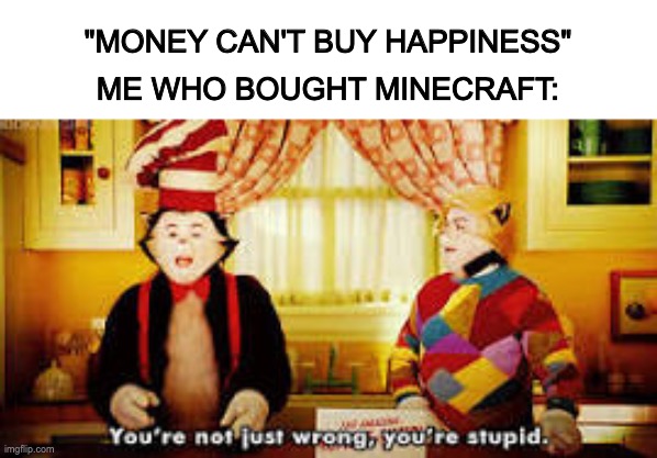 true | "MONEY CAN'T BUY HAPPINESS"
ME WHO BOUGHT MINECRAFT: | image tagged in your not just wrong your stupid,minecraft | made w/ Imgflip meme maker