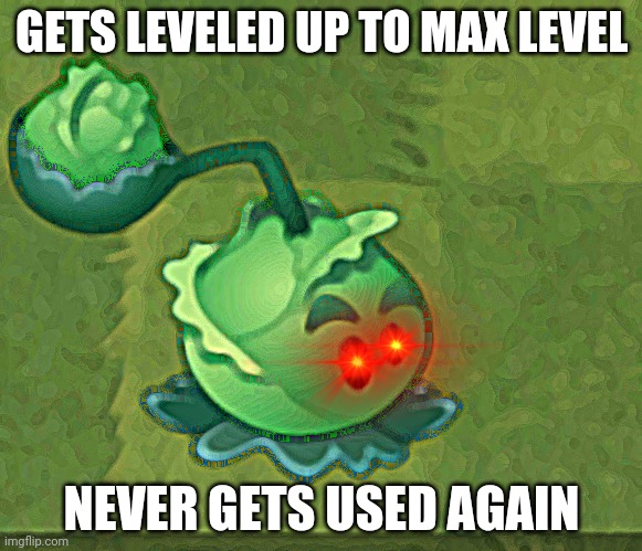 Happened to my peashooter | GETS LEVELED UP TO MAX LEVEL; NEVER GETS USED AGAIN | image tagged in cabbage-pult,pvz,plants vs zombies | made w/ Imgflip meme maker