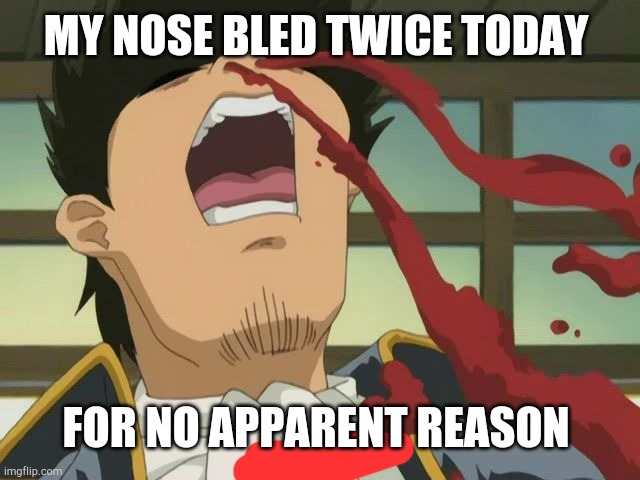 Anime Nosebleed | MY NOSE BLED TWICE TODAY; FOR NO APPARENT REASON | image tagged in anime nosebleed | made w/ Imgflip meme maker