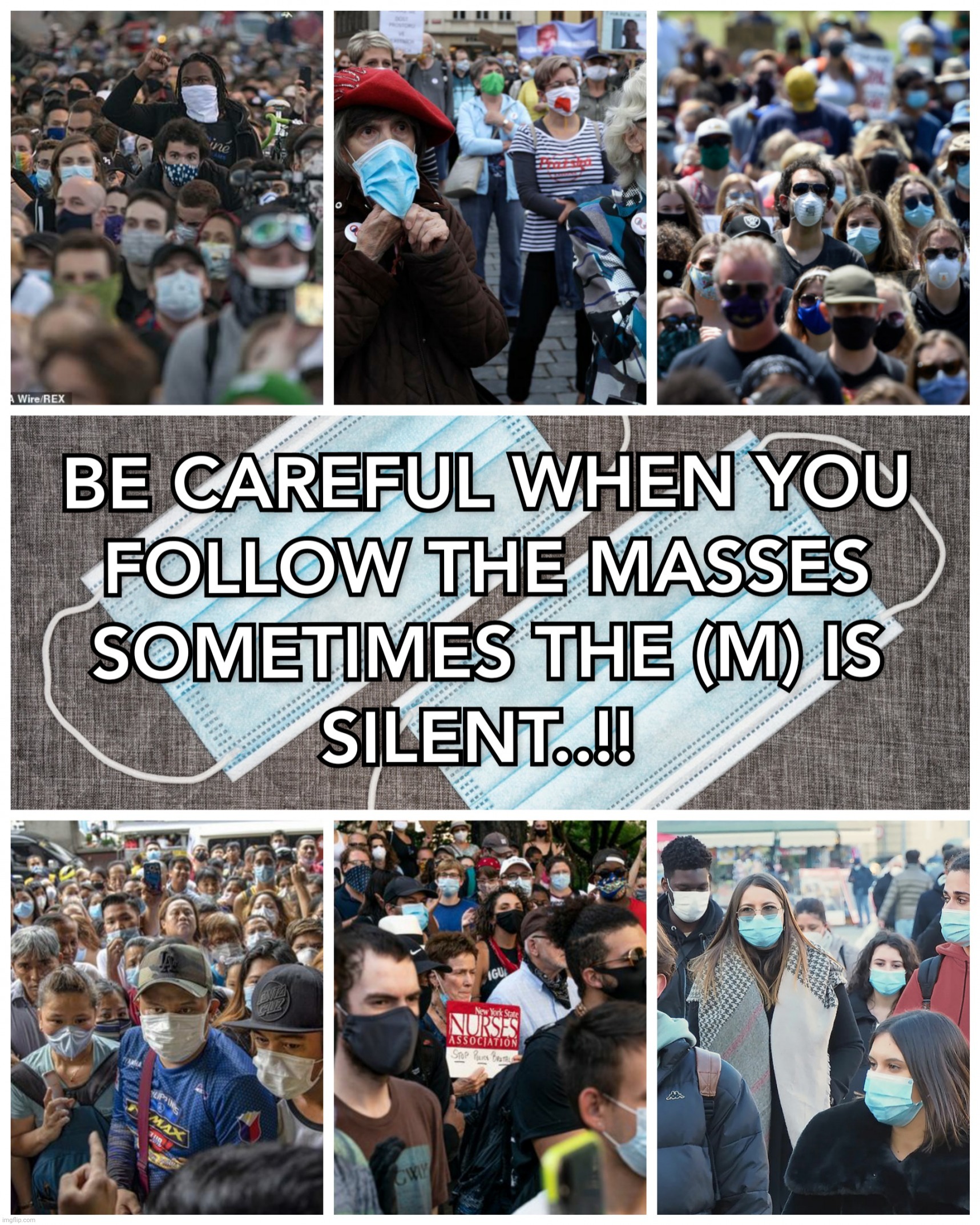 BE CAREFULL WHEN YOU FOLLOW THE MASSES SOMETIMES THE (M) IS SILENT..!! | image tagged in followers,follow,covid-19,face mask,fake news,memes | made w/ Imgflip meme maker