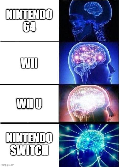 Nintendo | NINTENDO 64; WII; WII U; NINTENDO SWITCH | image tagged in memes,expanding brain | made w/ Imgflip meme maker