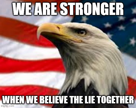 GOP Stronger Together | WE ARE STRONGER; WHEN WE BELIEVE THE LIE TOGETHER | image tagged in murica patriotic eagle,gop,election 2020 | made w/ Imgflip meme maker