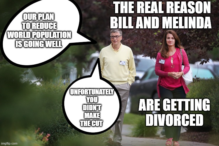 Revealed the real reason Bill and Melinda are getting divorced | THE REAL REASON BILL AND MELINDA; UNFORTUNATELY YOU DIDN'T MAKE THE CUT; OUR PLAN  TO REDUCE WORLD POPULATION IS GOING WELL; ARE GETTING DIVORCED | image tagged in bill and melinda gates | made w/ Imgflip meme maker