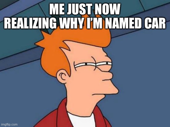 Futurama Fry Meme | ME JUST NOW REALIZING WHY I’M NAMED CAR | image tagged in memes,futurama fry | made w/ Imgflip meme maker