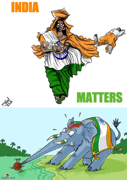 From the art of 2 talented cartoonists named Hajjaj (Osama & Emad) | INDIA; MATTERS | image tagged in coronavirus,covid-19,india | made w/ Imgflip meme maker