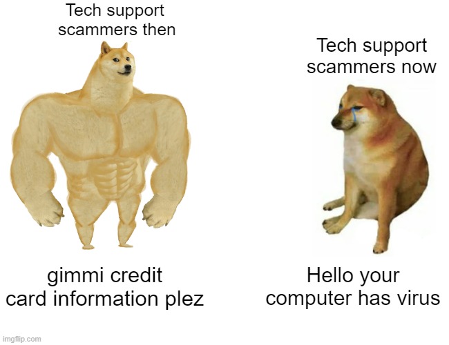 Yes | Tech support 
scammers then; Tech support scammers now; gimmi credit card information plez; Hello your computer has virus | image tagged in memes,buff doge vs cheems | made w/ Imgflip meme maker