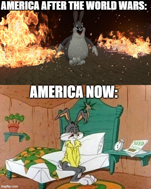 'murica gone nuts. | AMERICA AFTER THE WORLD WARS:; AMERICA NOW: | image tagged in bugs bunny sleepy,big chungus,america,2021 | made w/ Imgflip meme maker