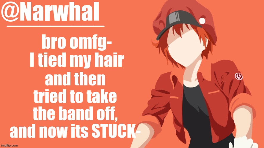 SCREEEEEE- it h u r t s ;-; | and then tried to take the band off, and now its STUCK-; bro omfg- I tied my hair | image tagged in narwhal announcement temp | made w/ Imgflip meme maker