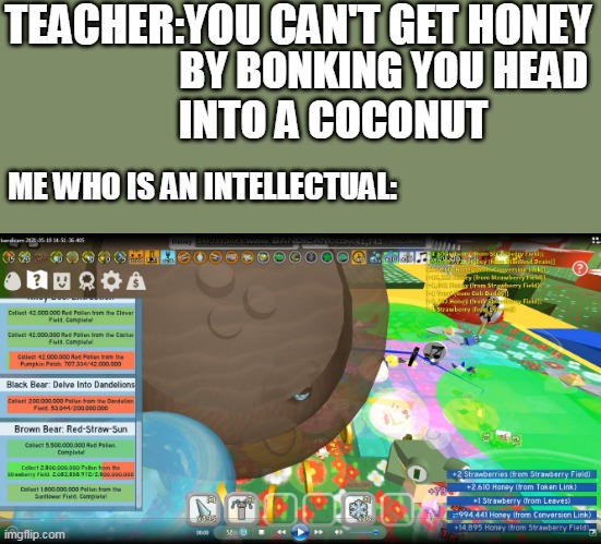 Bee Swarm Simulator memes | TEACHER:YOU CAN'T GET HONEY; BY BONKING YOU HEAD; INTO A COCONUT; ME WHO IS AN INTELLECTUAL: | image tagged in memes,games,roblox meme | made w/ Imgflip meme maker