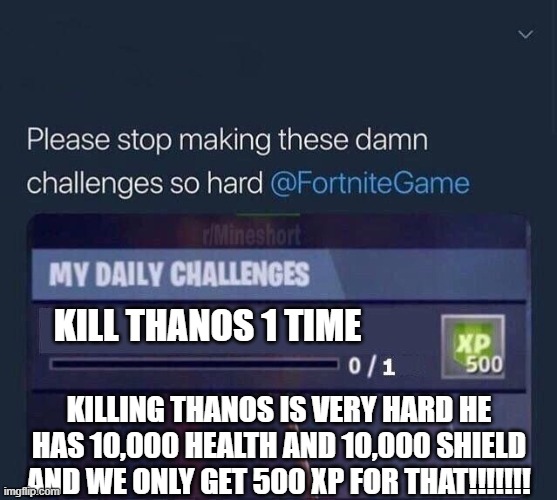 He/She is right | KILL THANOS 1 TIME; KILLING THANOS IS VERY HARD HE HAS 10,000 HEALTH AND 10,000 SHIELD AND WE ONLY GET 500 XP FOR THAT!!!!!!! | image tagged in fortnite challenge | made w/ Imgflip meme maker