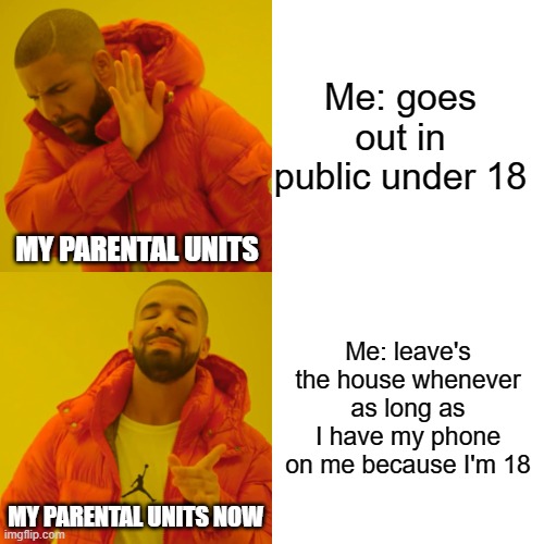 GUARDIANSHIP BE LIKE THAT SOMETIMES PT. 1 | Me: goes out in public under 18; MY PARENTAL UNITS; Me: leave's the house whenever as long as I have my phone on me because I'm 18; MY PARENTAL UNITS NOW | image tagged in memes,drake hotline bling | made w/ Imgflip meme maker