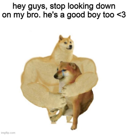 hey guys, stop looking down on my bro. he's a good boy too <3 | made w/ Imgflip meme maker