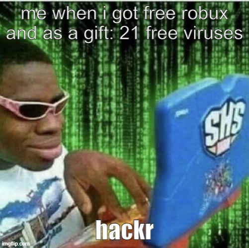 free bobux | me when i got free robux and as a gift: 21 free viruses; hackr | image tagged in ryan beckford,hacker | made w/ Imgflip meme maker