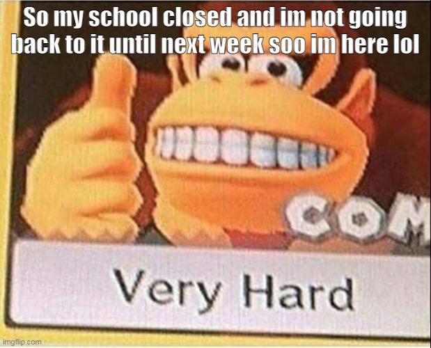 h | So my school closed and im not going back to it until next week soo im here lol | image tagged in very hard donkey kong | made w/ Imgflip meme maker
