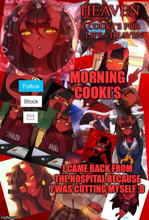 It felt good :D | MORNING COOKI’S; I CAME BACK FROM THE HOSPITAL BECAUSE I WAS CUTTING MYSELF :D | image tagged in heaven meru | made w/ Imgflip meme maker
