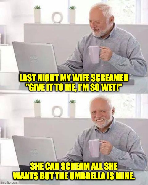 Wet | LAST NIGHT MY WIFE SCREAMED "GIVE IT TO ME, I'M SO WET!"; SHE CAN SCREAM ALL SHE WANTS BUT THE UMBRELLA IS MINE. | image tagged in memes,hide the pain harold | made w/ Imgflip meme maker