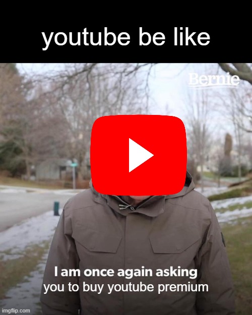 Bernie I Am Once Again Asking For Your Support Meme | youtube be like; you to buy youtube premium | image tagged in memes,bernie i am once again asking for your support | made w/ Imgflip meme maker