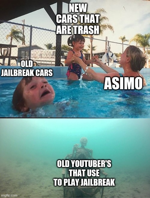 Jailbreak logic be like | NEW CARS THAT ARE TRASH; OLD JAILBREAK CARS; ASIMO; OLD YOUTUBER'S THAT USE TO PLAY JAILBREAK | image tagged in mom helping kid | made w/ Imgflip meme maker