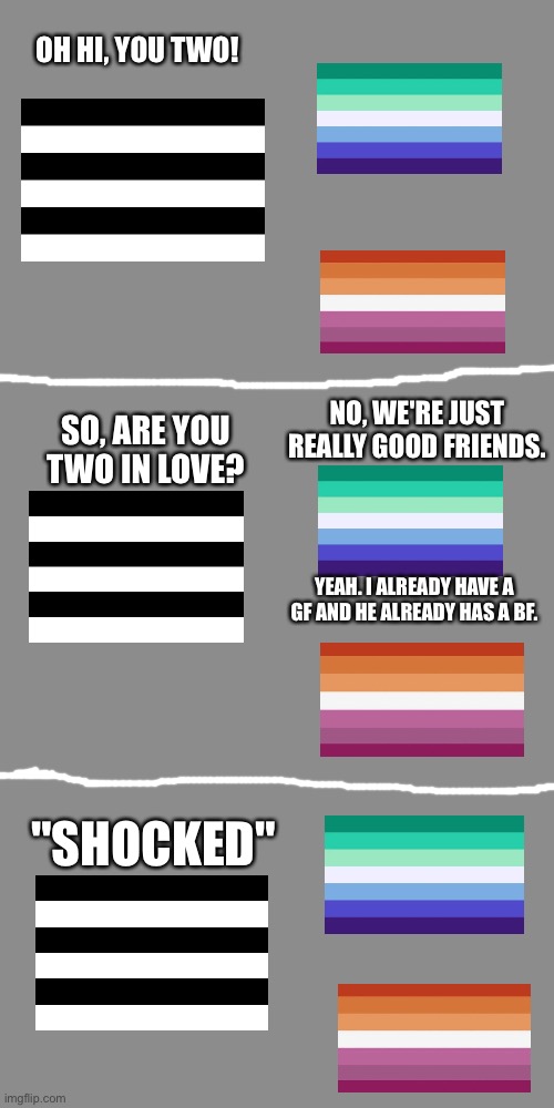 Blank Transparent Square Meme | OH HI, YOU TWO! SO, ARE YOU TWO IN LOVE? NO, WE'RE JUST REALLY GOOD FRIENDS. YEAH. I ALREADY HAVE A GF AND HE ALREADY HAS A BF. "SHOCKED" | image tagged in memes,blank transparent square,poop | made w/ Imgflip meme maker