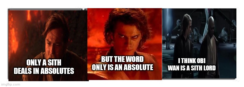 3 panel comic strip | BUT THE WORD ONLY IS AN ABSOLUTE; ONLY A SITH DEALS IN ABSOLUTES; I THINK OBI WAN IS A SITH LORD | image tagged in 3 panel comic strip,revenge of the sith,star wars,star wars prequels | made w/ Imgflip meme maker