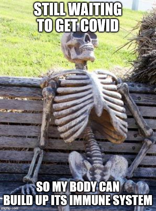 Waiting Skeleton Meme | STILL WAITING TO GET COVID SO MY BODY CAN BUILD UP ITS IMMUNE SYSTEM | image tagged in memes,waiting skeleton | made w/ Imgflip meme maker