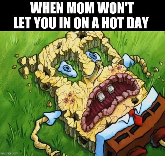 Spongebob Dry | WHEN MOM WON'T LET YOU IN ON A HOT DAY | image tagged in spongebob dry | made w/ Imgflip meme maker