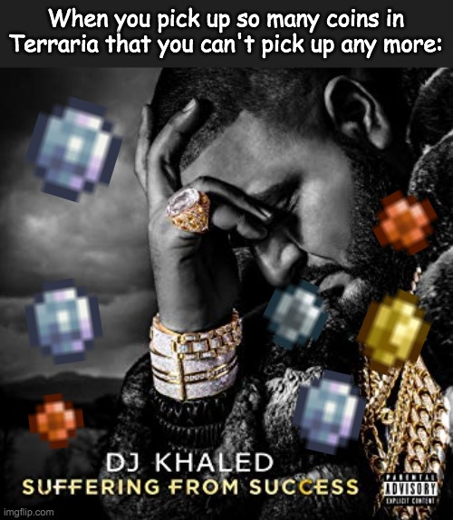 This just happened to me yesterday | When you pick up so many coins in Terraria that you can't pick up any more: | image tagged in dj khaled suffering from success meme,terraria,money,memes,funny memes | made w/ Imgflip meme maker