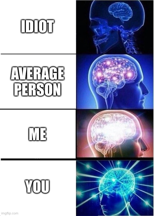 Lmao | IDIOT; AVERAGE PERSON; ME; YOU | image tagged in memes,expanding brain | made w/ Imgflip meme maker