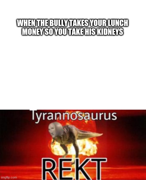 WHEN THE BULLY TAKES YOUR LUNCH
MONEY SO YOU TAKE HIS KIDNEYS | image tagged in blank white template,tyrannosaurus rekt | made w/ Imgflip meme maker