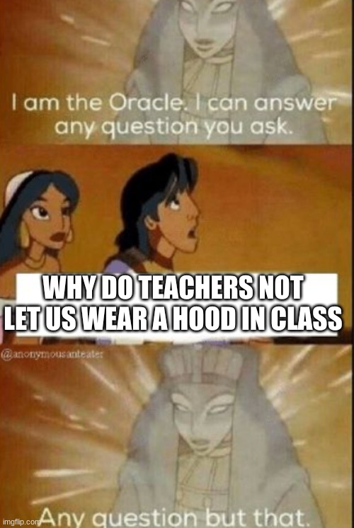 why tho? |  WHY DO TEACHERS NOT LET US WEAR A HOOD IN CLASS | image tagged in the oracle | made w/ Imgflip meme maker
