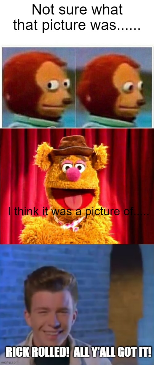 Not sure what that picture was...... I think it was a picture of..... RICK ROLLED!  ALL Y'ALL GOT IT! | image tagged in memes,monkey puppet,fozzie bear joke,youve been rick rolled | made w/ Imgflip meme maker