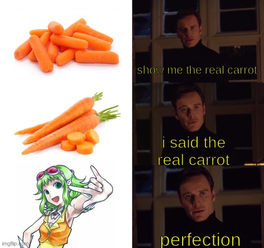 perfection | show me the real carrot; i said the real carrot; perfection | image tagged in vocaloid | made w/ Imgflip meme maker