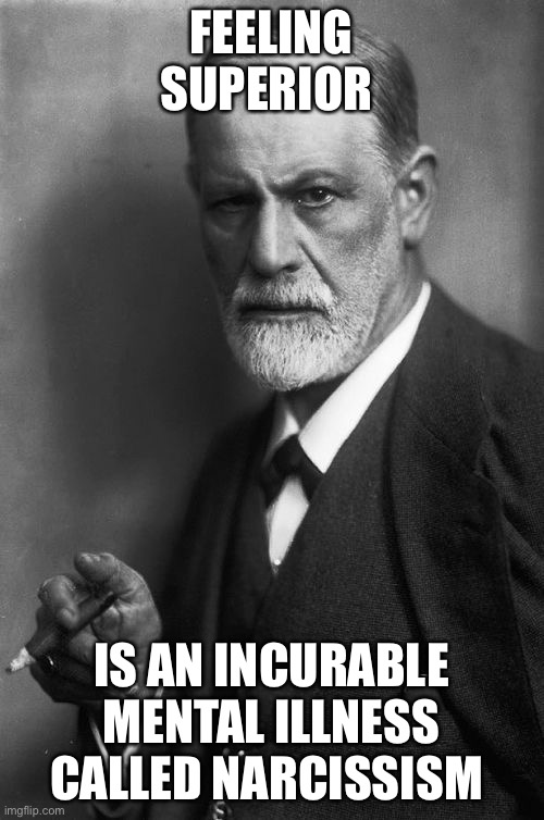 Sigmund Freud Meme | FEELING SUPERIOR IS AN INCURABLE MENTAL ILLNESS CALLED NARCISSISM | image tagged in memes,sigmund freud | made w/ Imgflip meme maker