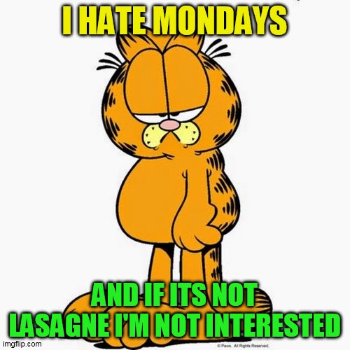 I HATE MONDAYS AND IF ITS NOT LASAGNE I'M NOT INTERESTED | made w/ Imgflip meme maker