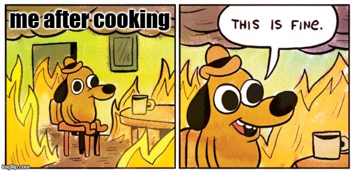 me after cooking | me after cooking | image tagged in memes,this is fine | made w/ Imgflip meme maker