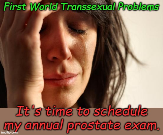 When the Party of Science challenges the Science of Biology and the Science of Physical Health....... | First World Transsexual Problems; It's time to schedule my annual prostate exam. | image tagged in memes,first world problems | made w/ Imgflip meme maker