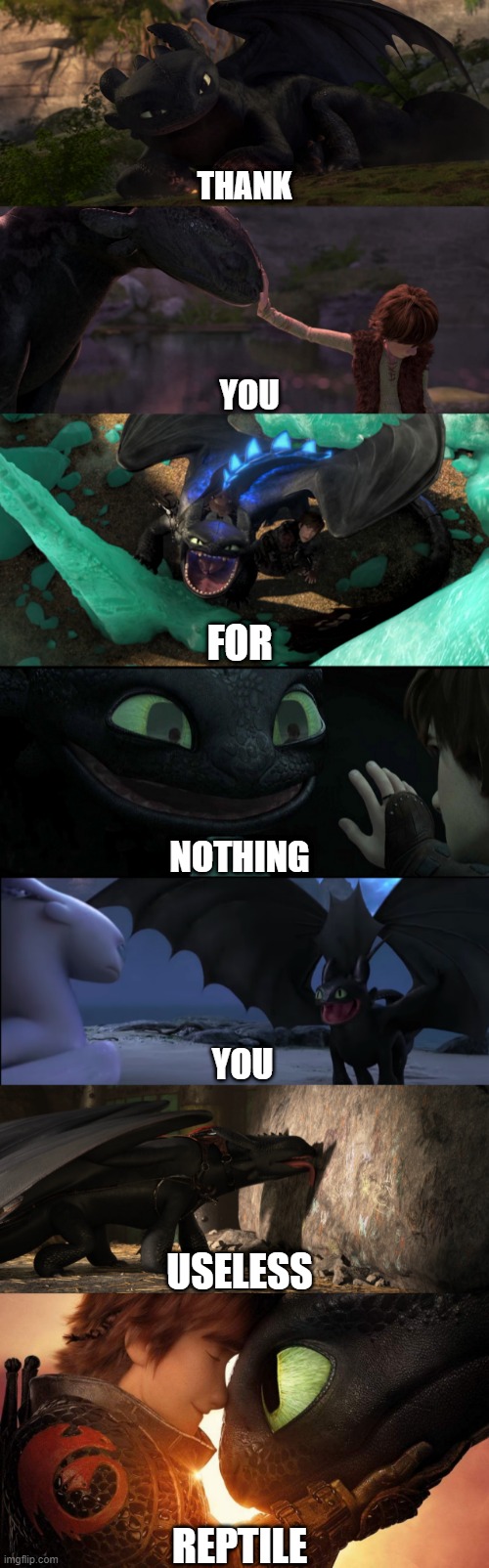 You Useless Reptile |  THANK; YOU; FOR; NOTHING; YOU; USELESS; REPTILE | image tagged in httyd,toothless | made w/ Imgflip meme maker