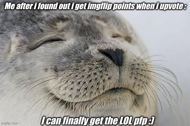 Satisfied Seal Meme | Me after i found out i get imgflip points when i upvote :; I can finally get the LOL pfp :) | image tagged in memes,satisfied seal | made w/ Imgflip meme maker
