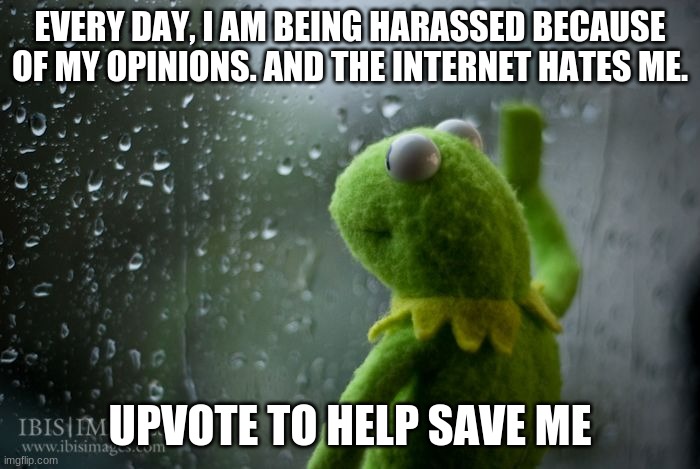 Please help, or I will quit | EVERY DAY, I AM BEING HARASSED BECAUSE OF MY OPINIONS. AND THE INTERNET HATES ME. UPVOTE TO HELP SAVE ME | image tagged in kermit window | made w/ Imgflip meme maker