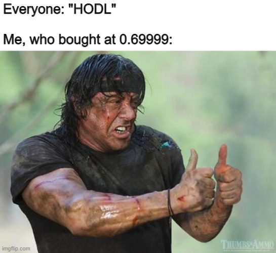 Hodl them strong | Everyone: "HODL"
 
Me, who bought at 0.69999: | image tagged in thumbs up rambo | made w/ Imgflip meme maker